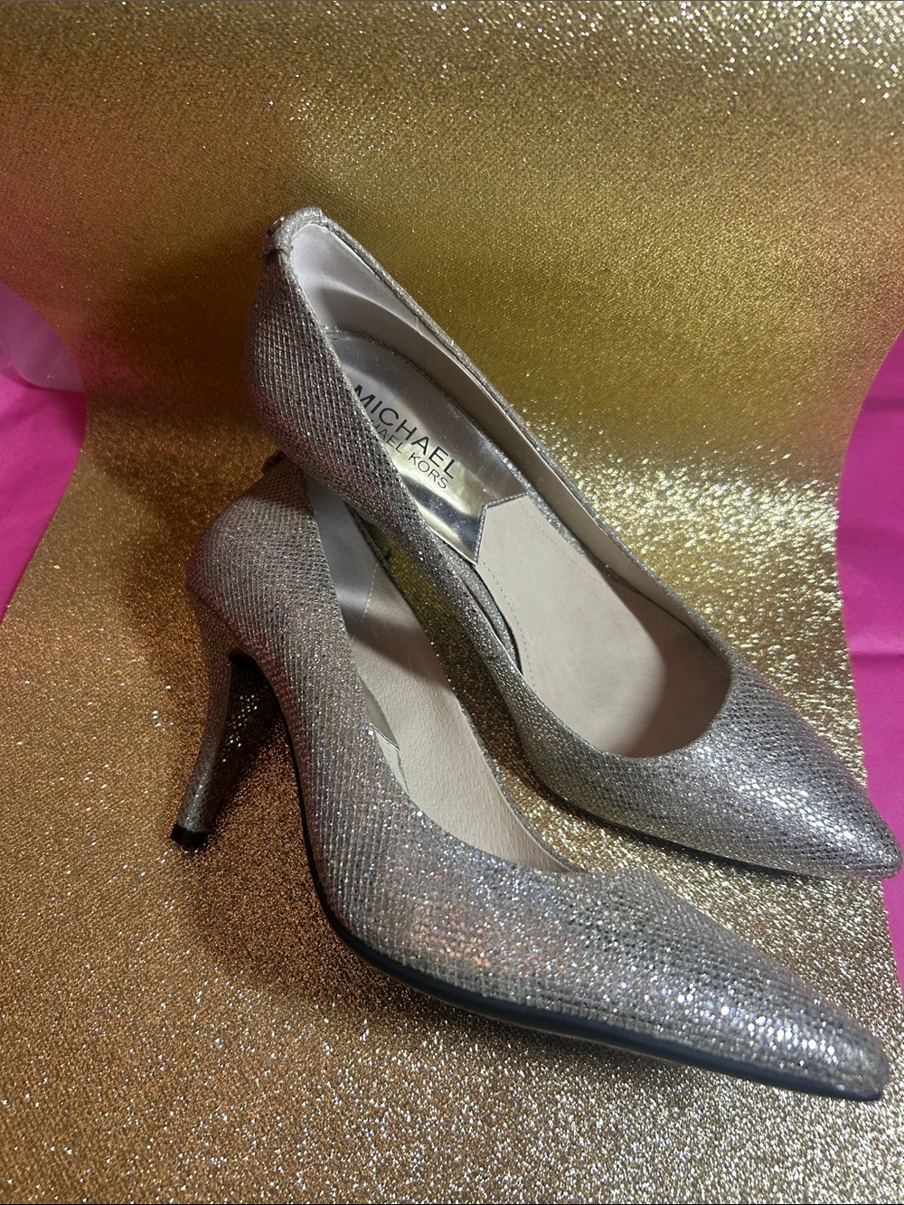 Michael Kors Silver Sparkle Pointed-Toe Heels nwt but no box